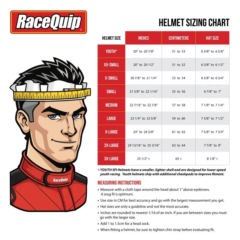 RaceQuip helmet sizing chart