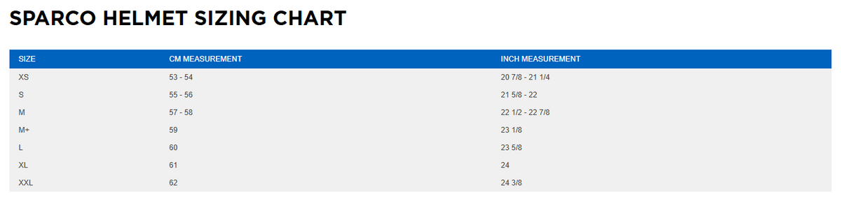 Sparco helmet sizing chart