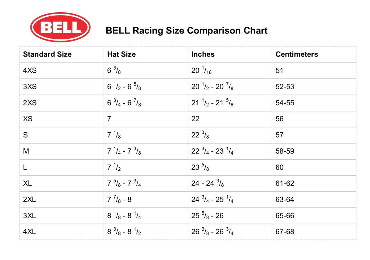 Bell Racing size comparison chart