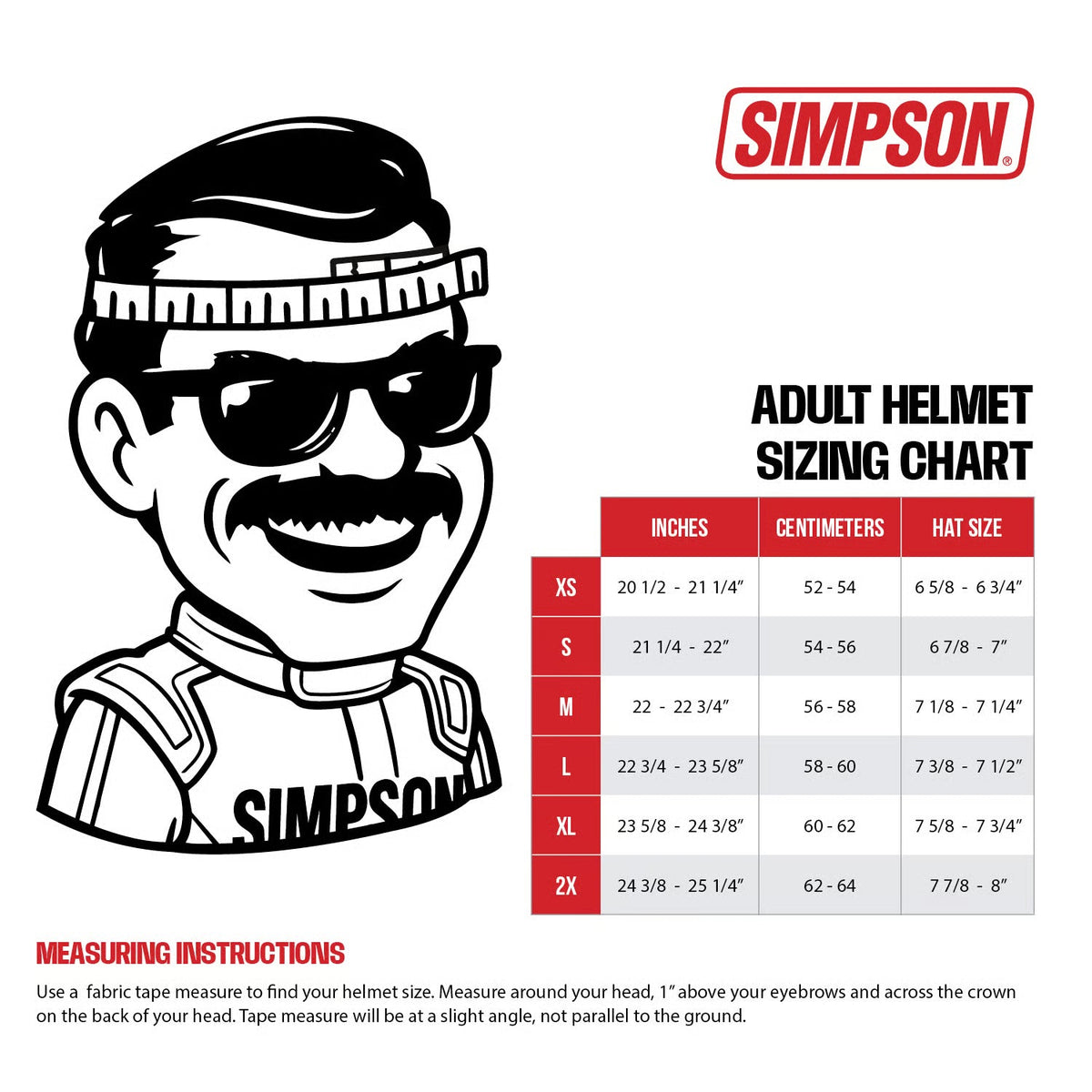 Simpson adult helmet sizing chart